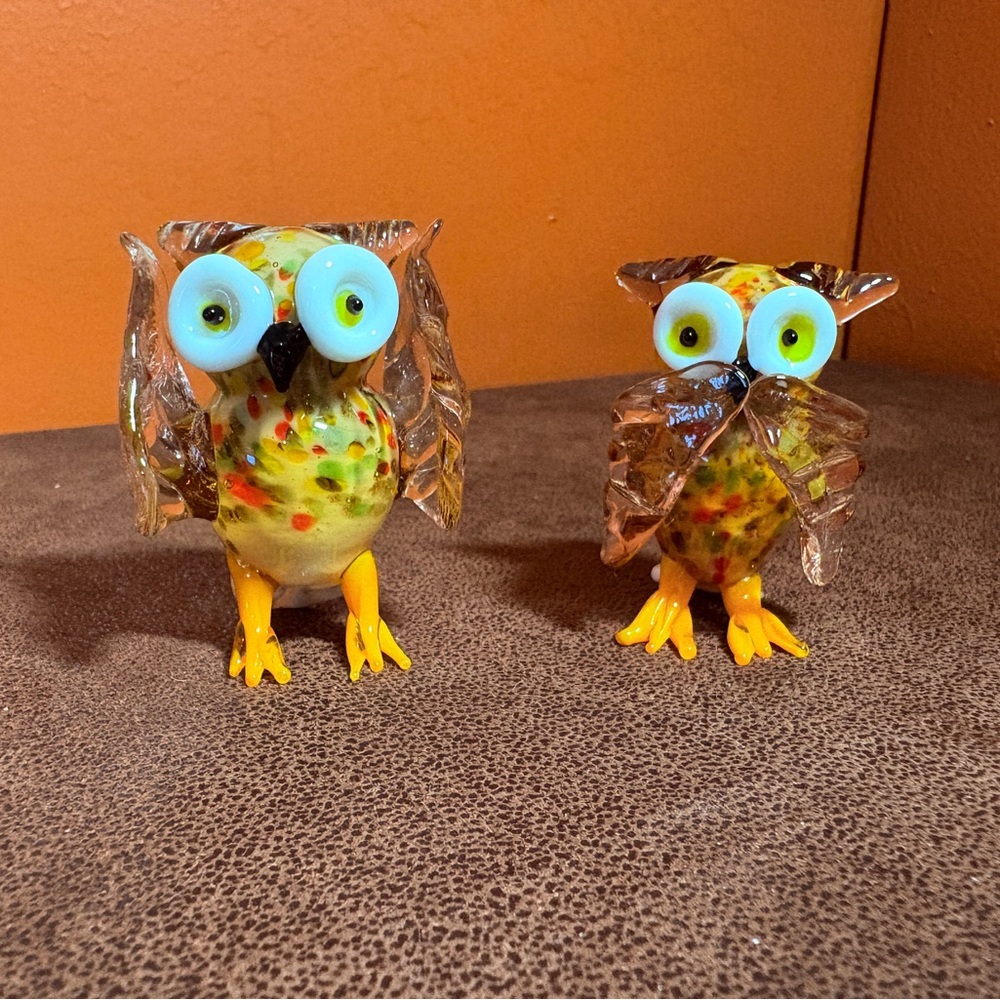 Handblown Glass Owl Figurines - Yellow & Multicolor